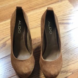 Cognac Suede Wedge Heels